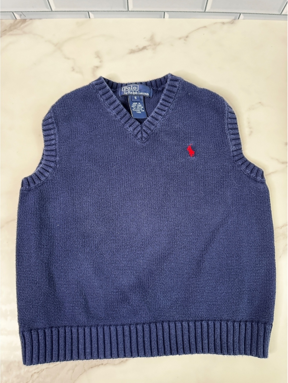 Polo Ralph Lauren Boys Size 5 Navy Blue Cotton V-Neck Sweater Vest Pony